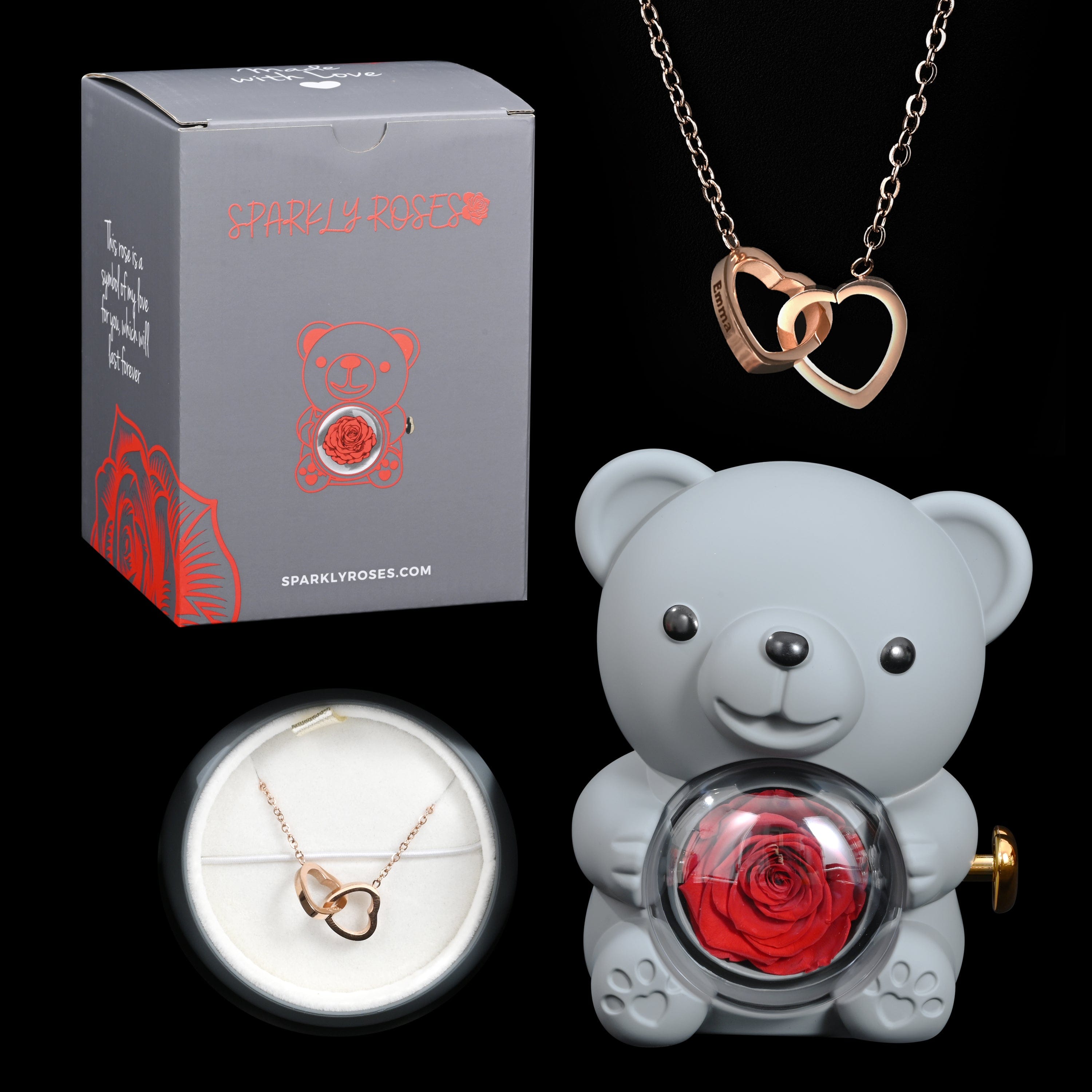 Ourson Avec Rose Éternelle - Collier Gravé