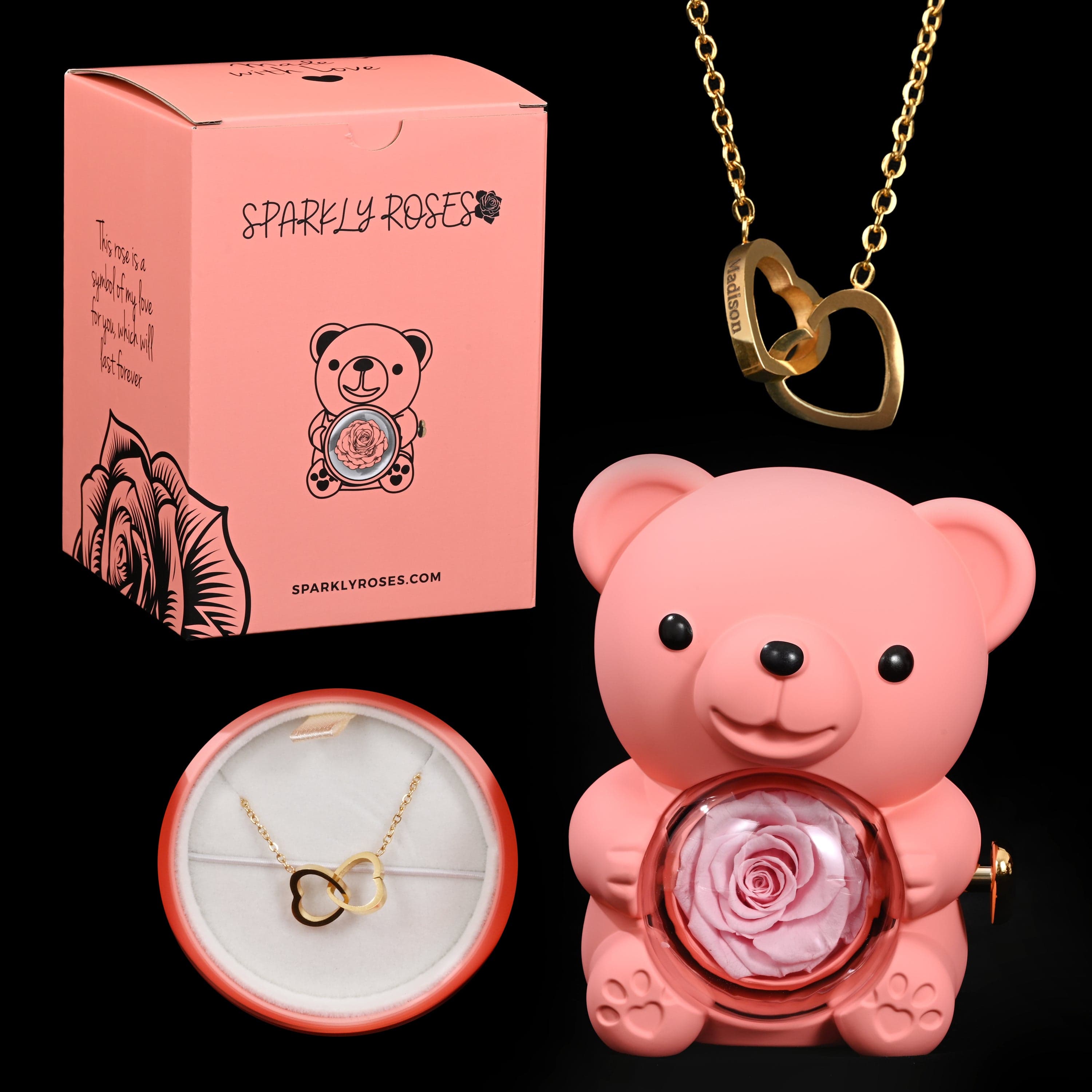 Ourson Avec Rose Éternelle - Collier Gravé