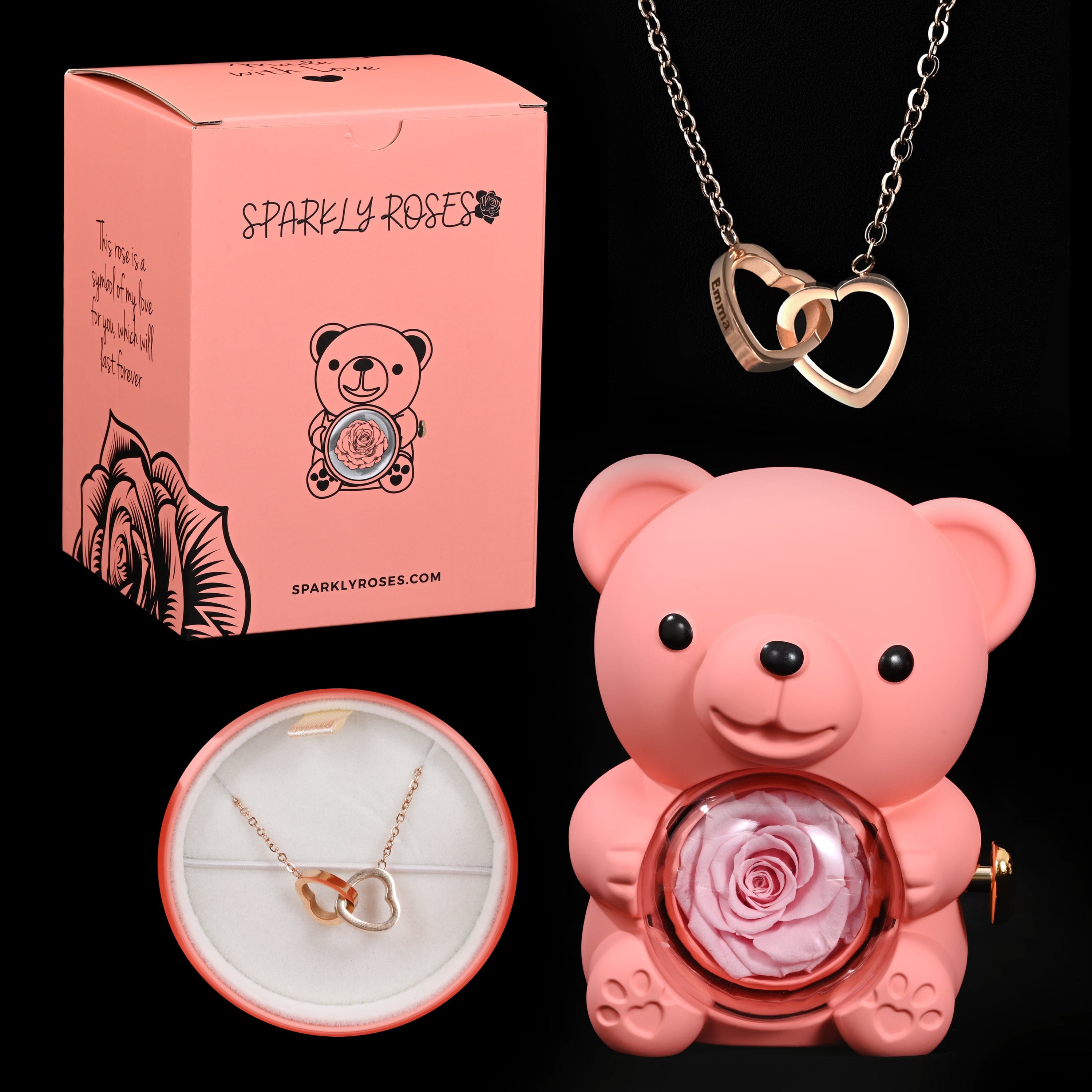 Ourson Avec Rose Éternelle - Collier Gravé