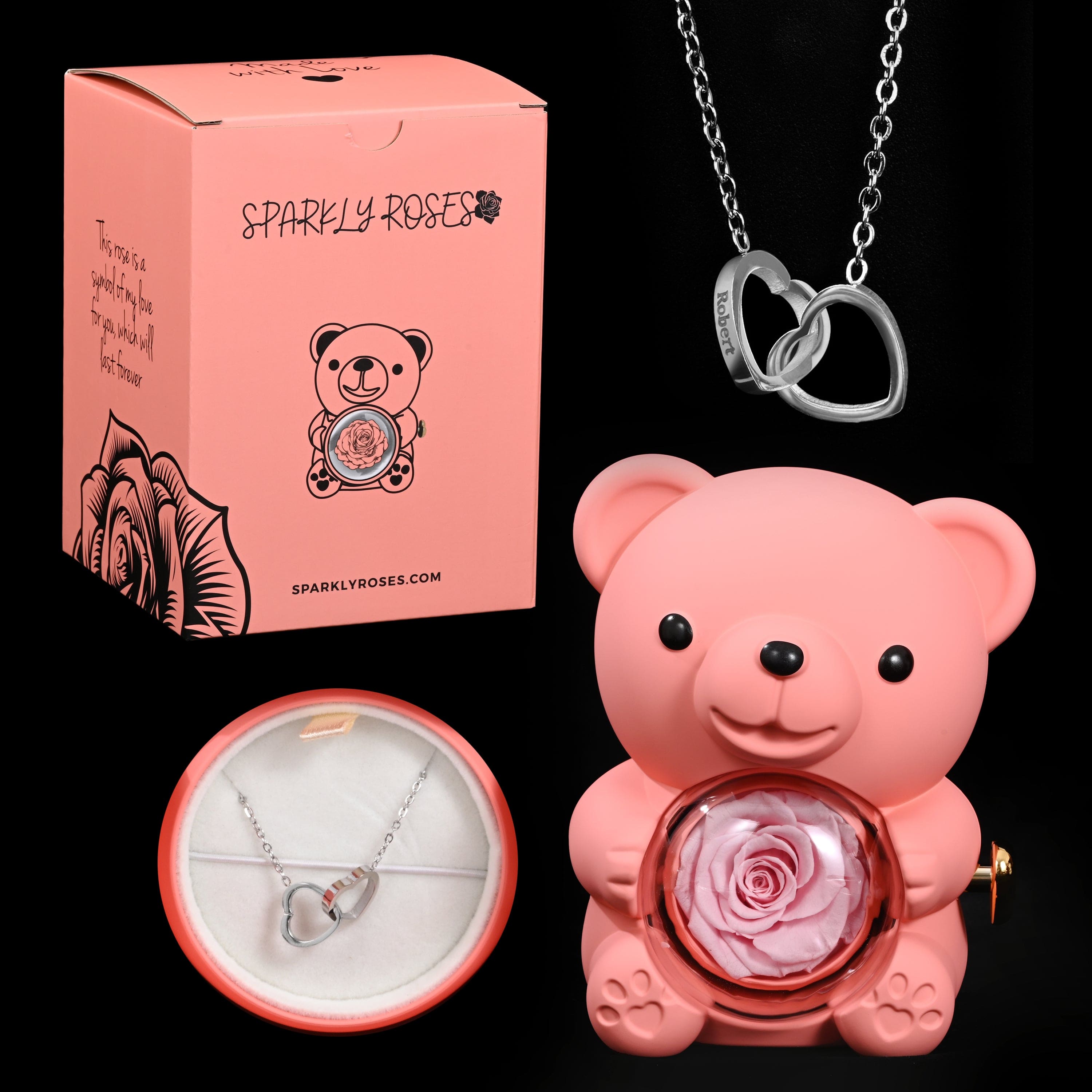 Ourson Avec Rose Éternelle - Collier Gravé