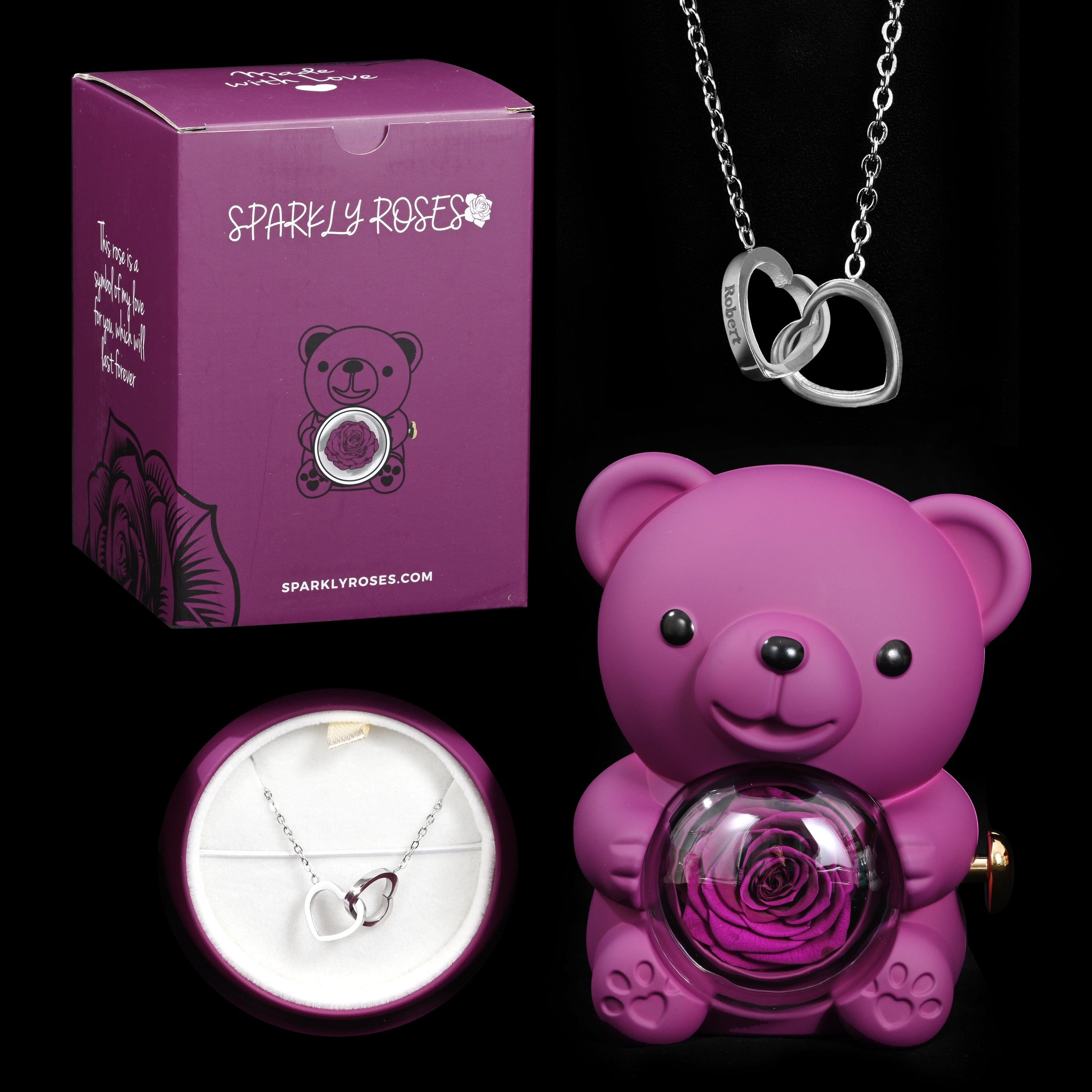 Ourson Avec Rose Éternelle - Collier Gravé