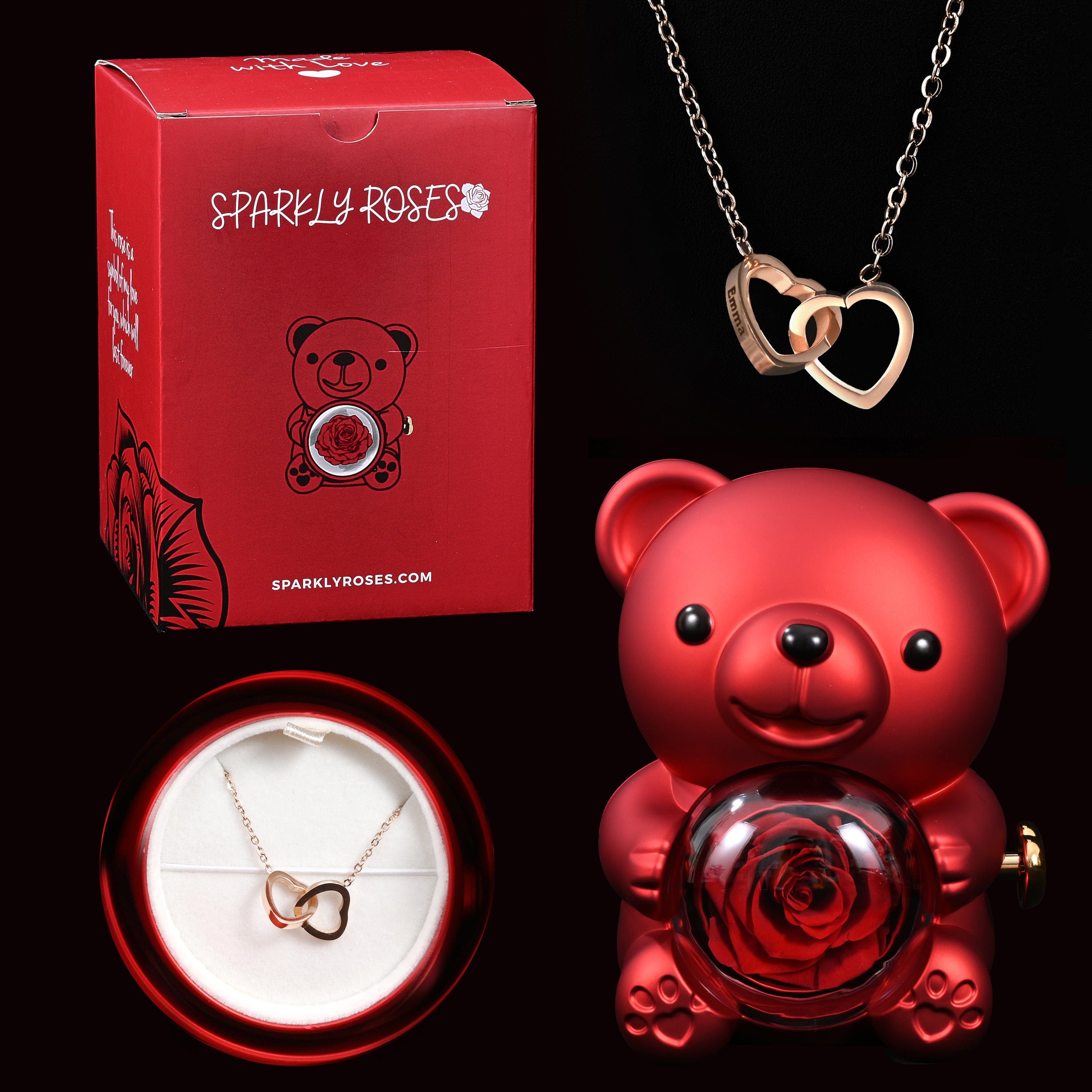 Ourson Avec Rose Éternelle - Collier Gravé