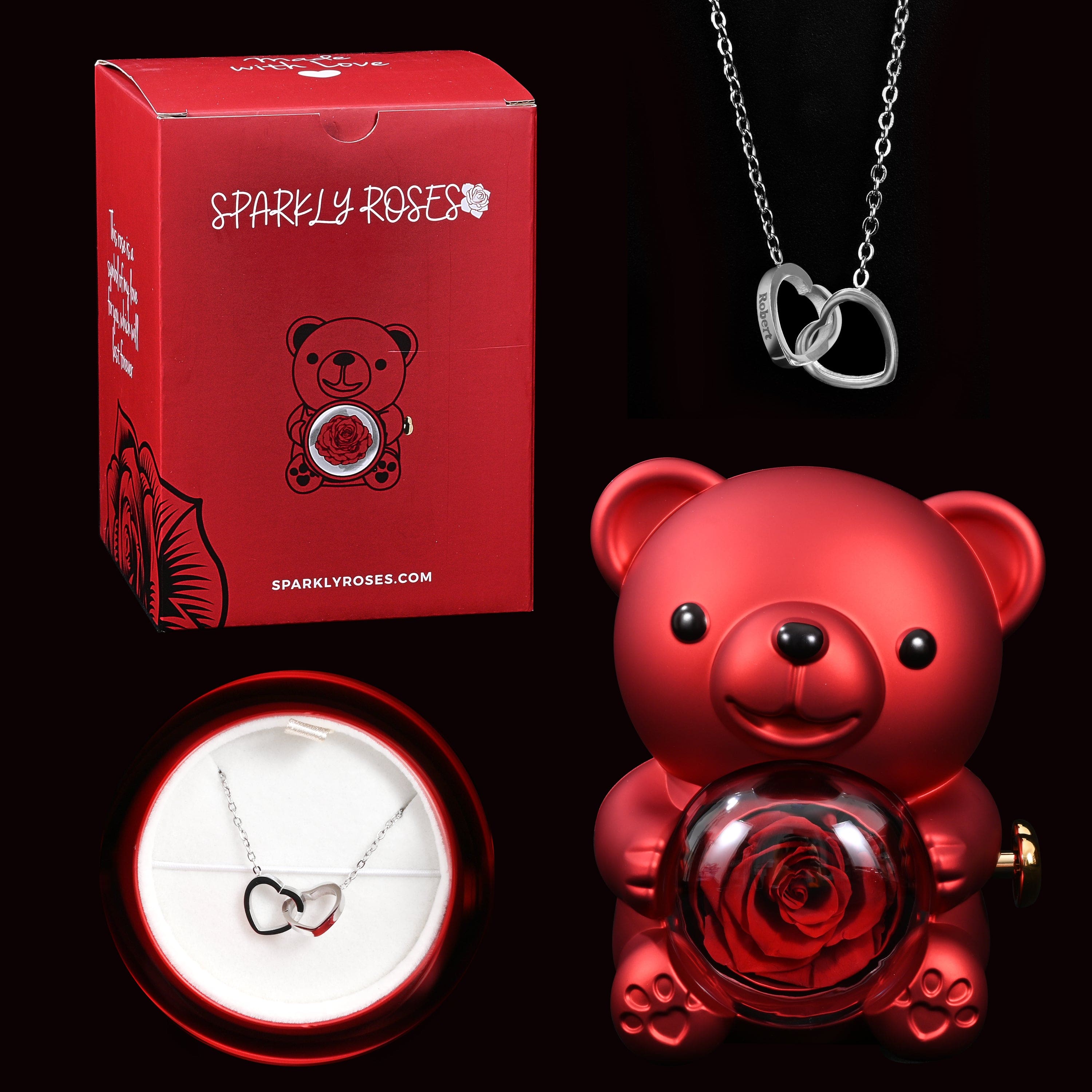 Ourson Avec Rose Éternelle - Collier Gravé